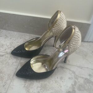 Aldo Black and Cream Glitter Heels